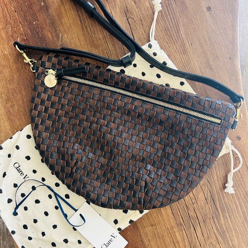 Clare V Grande Fanny Black/Chocolate Suede Woven Checker NWT